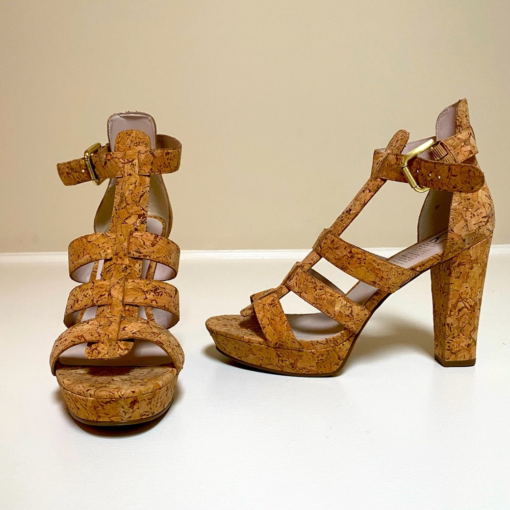 Beautiful cork heeled sandals. Size 8.